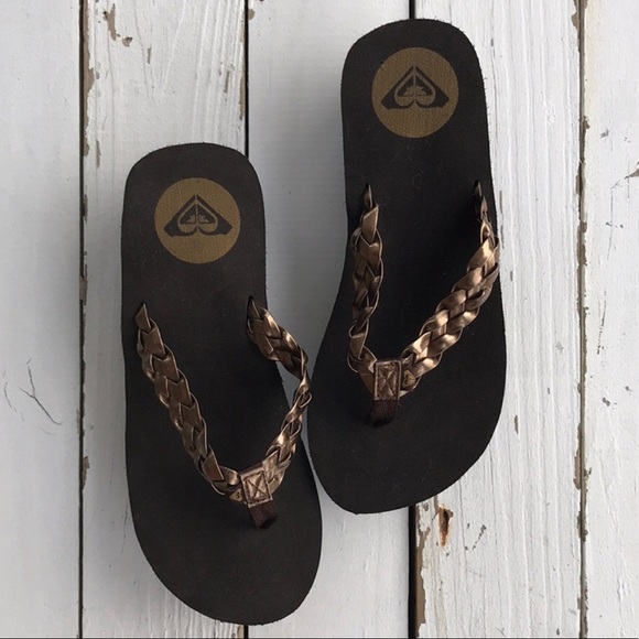 Roxy Metallic Braided Wedge Flip Flops